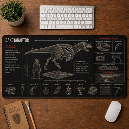 Dakotaraptor Dinosaur Blueprint Desk Mat | 5To9Vibe