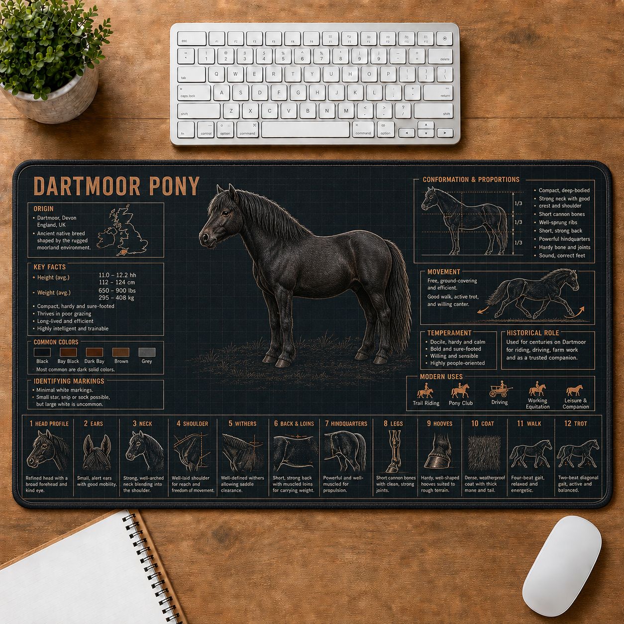 Dartmoor Pony Horse and Equestrian Visual Guide Desk Mat | 5To9Vibe