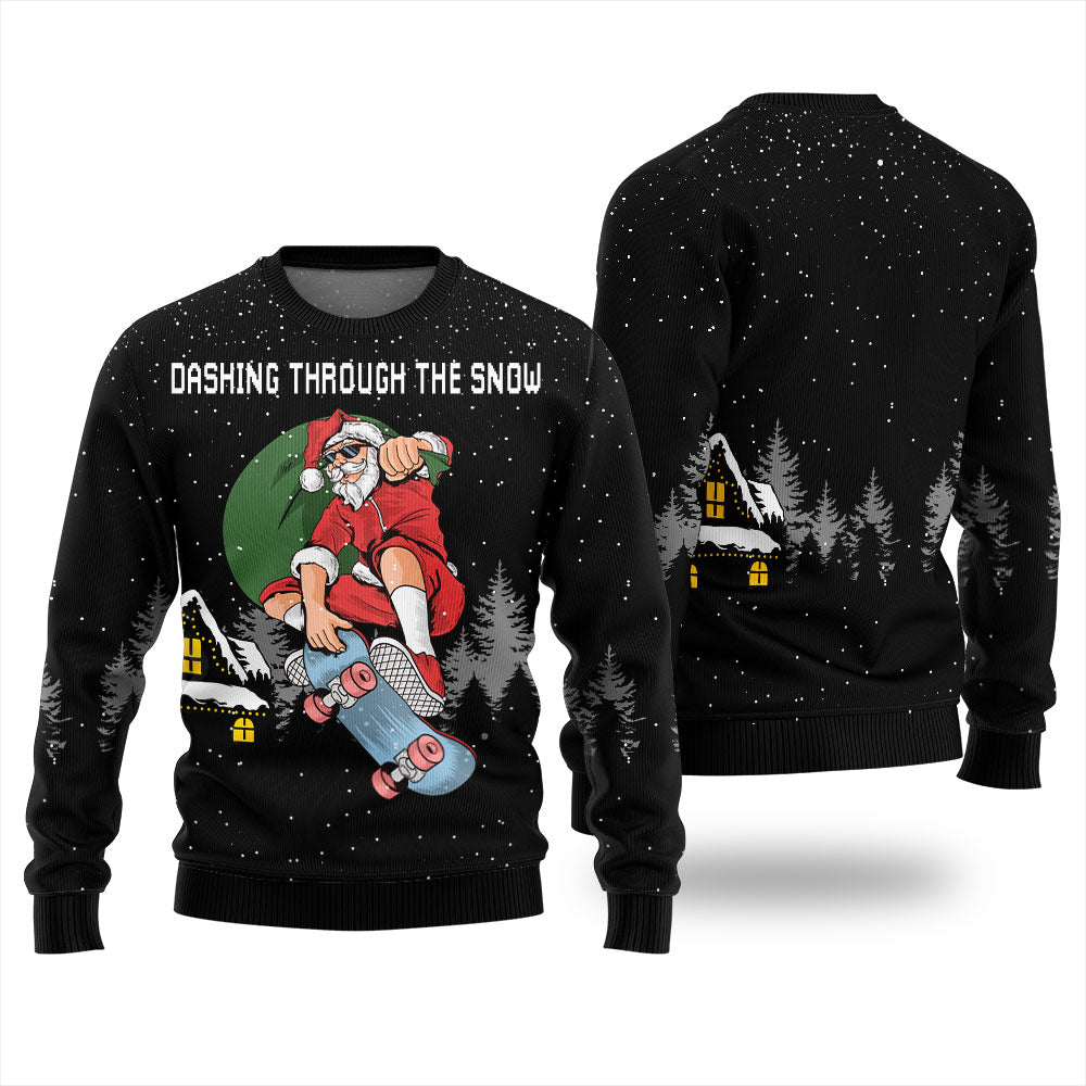 Dashing Through The Snow Skateboarding Santa Ugly Christmas Sweater