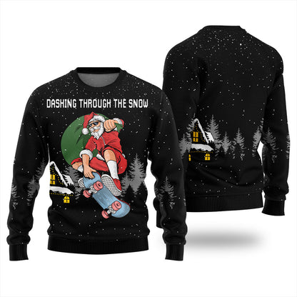 Dashing Through The Snow Skateboarding Santa Ugly Christmas Sweater