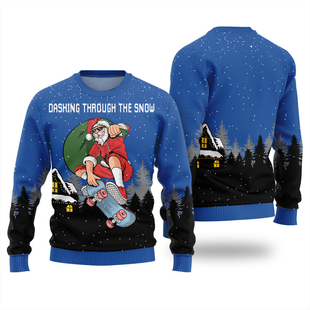 Dashing Through The Snow Skateboarding Santa Ugly Christmas Sweater