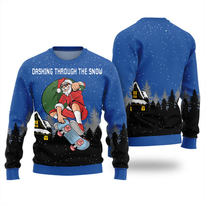Dashing Through The Snow Skateboarding Santa Ugly Christmas Sweater