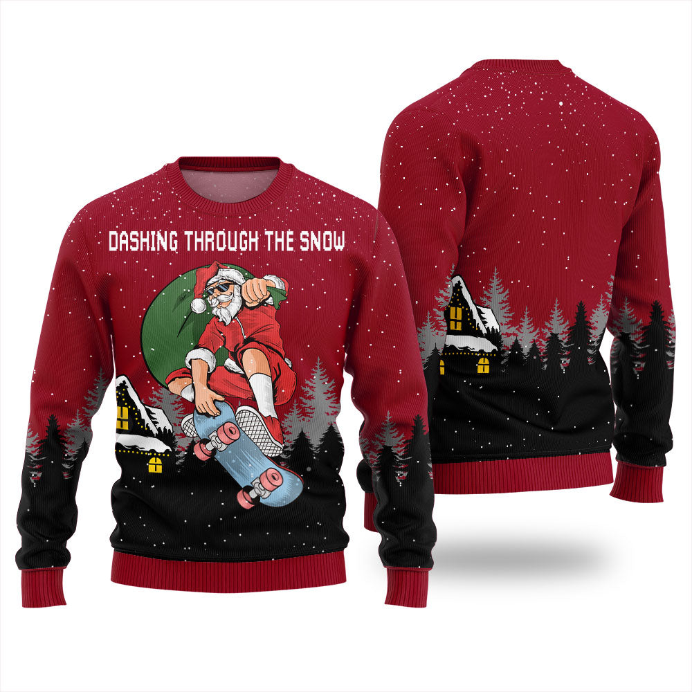 Dashing Through The Snow Skateboarding Santa Ugly Christmas Sweater