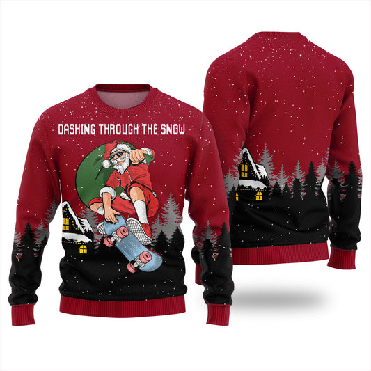 Dashing Through The Snow Skateboarding Santa Ugly Christmas Sweater