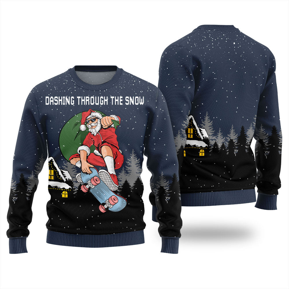 Dashing Through The Snow Skateboarding Santa Ugly Christmas Sweater