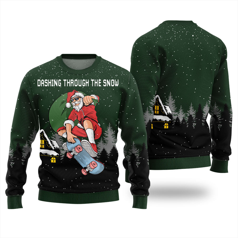 Dashing Through The Snow Skateboarding Santa Ugly Christmas Sweater