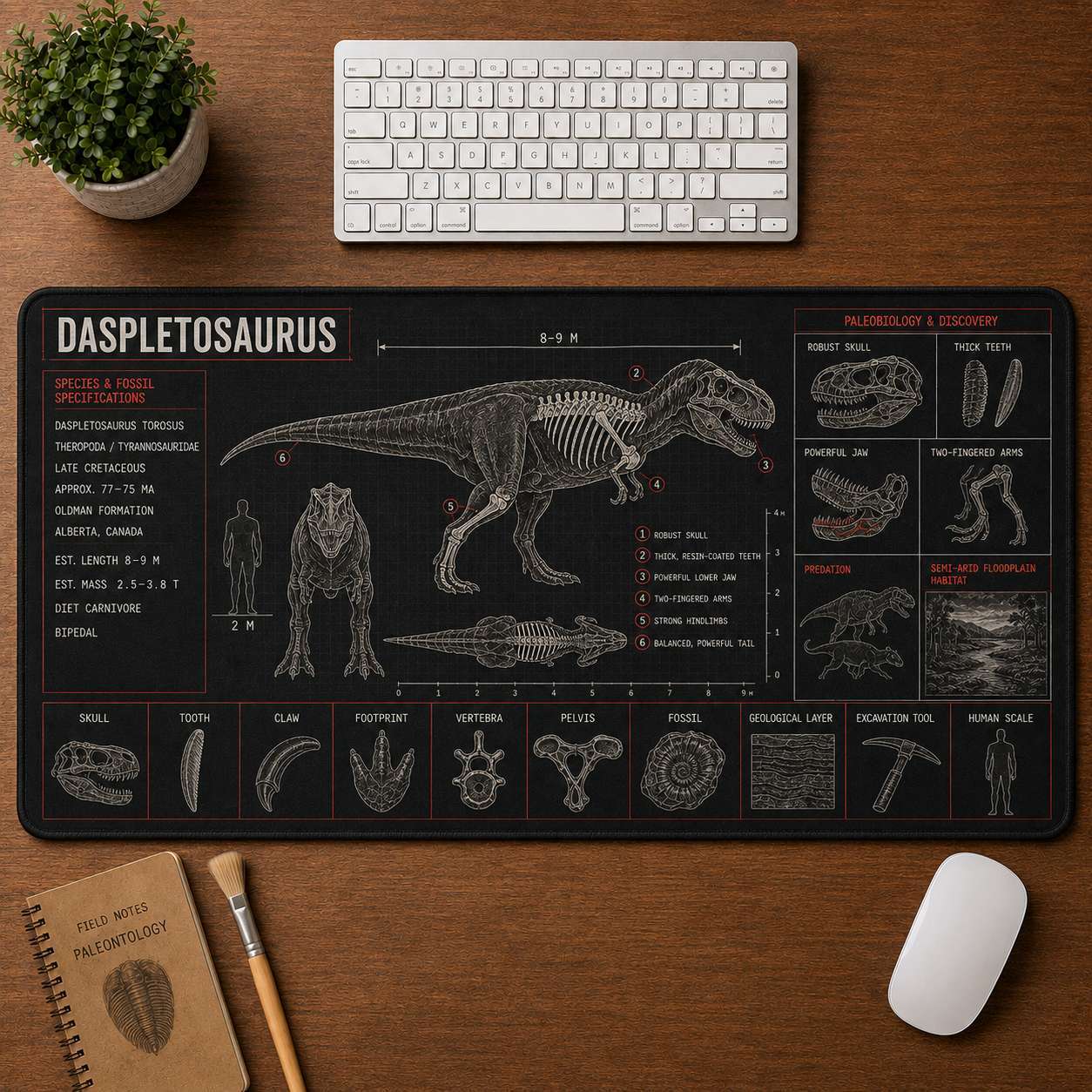 Daspletosaurus Dinosaur Blueprint Desk Mat | 5To9Vibe