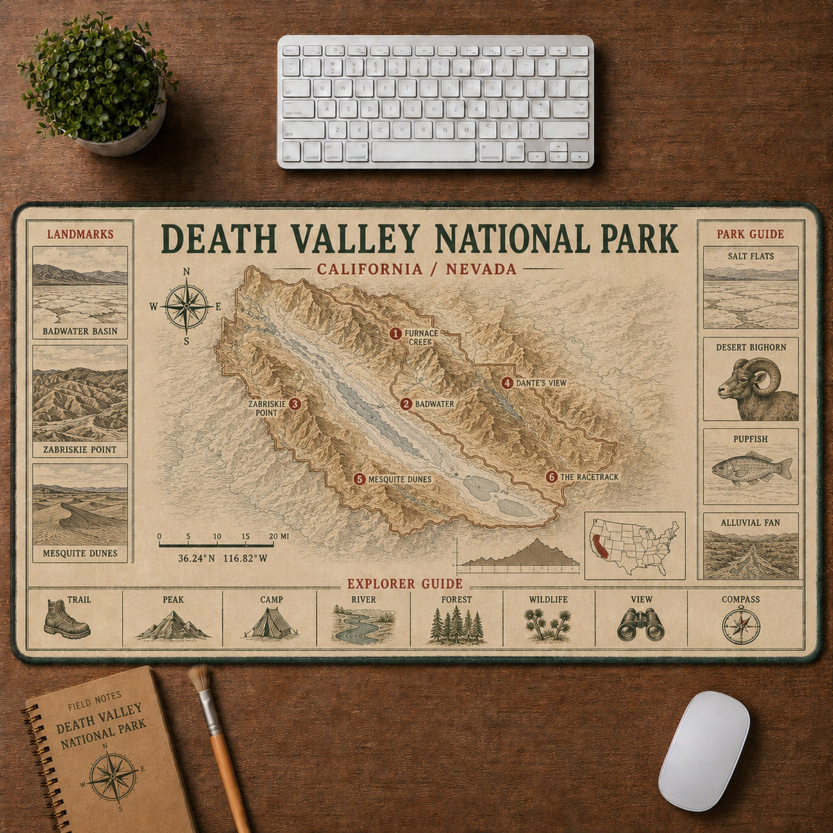 Death Valley National Park Vintage Topographic Park Map Explorer Guide Desk Mat | 5To9Vibe