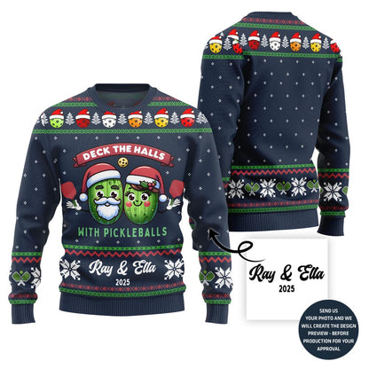 Custom Name Deck The Halls With Pickleballs Ugly Christmas Sweater