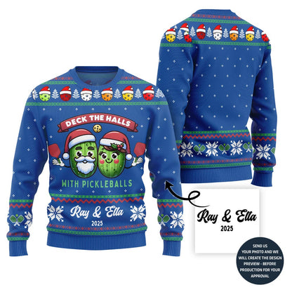 Custom Name Deck The Halls With Pickleballs Ugly Christmas Sweater