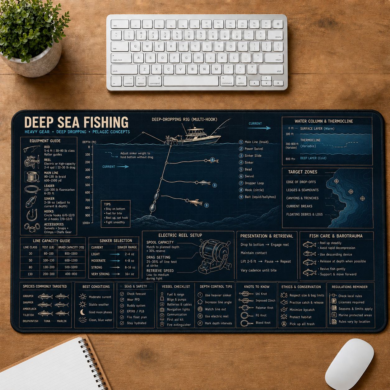 Deep Sea Fishing Fishing Field Guide Desk Mat | 5To9Vibe