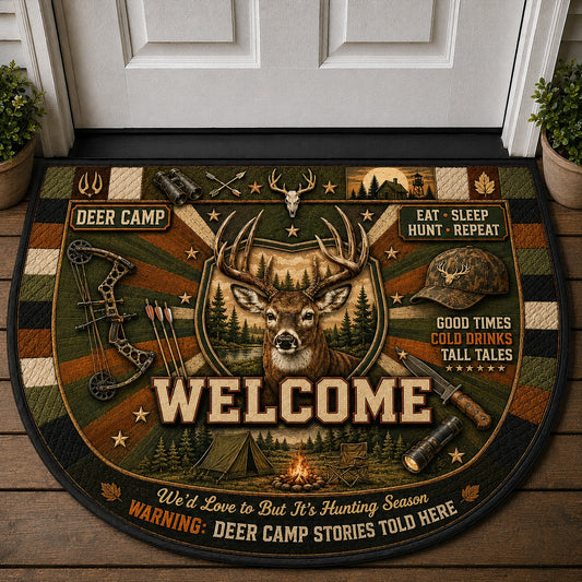 Deer Camp Hunting Stories Quilted Print Premium Welcome Mat – Personalized Doormat
