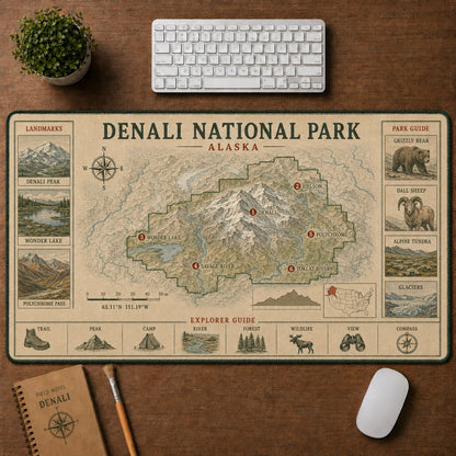 Denali National Park Vintage Topographic Park Map Explorer Guide Desk Mat | 5To9Vibe