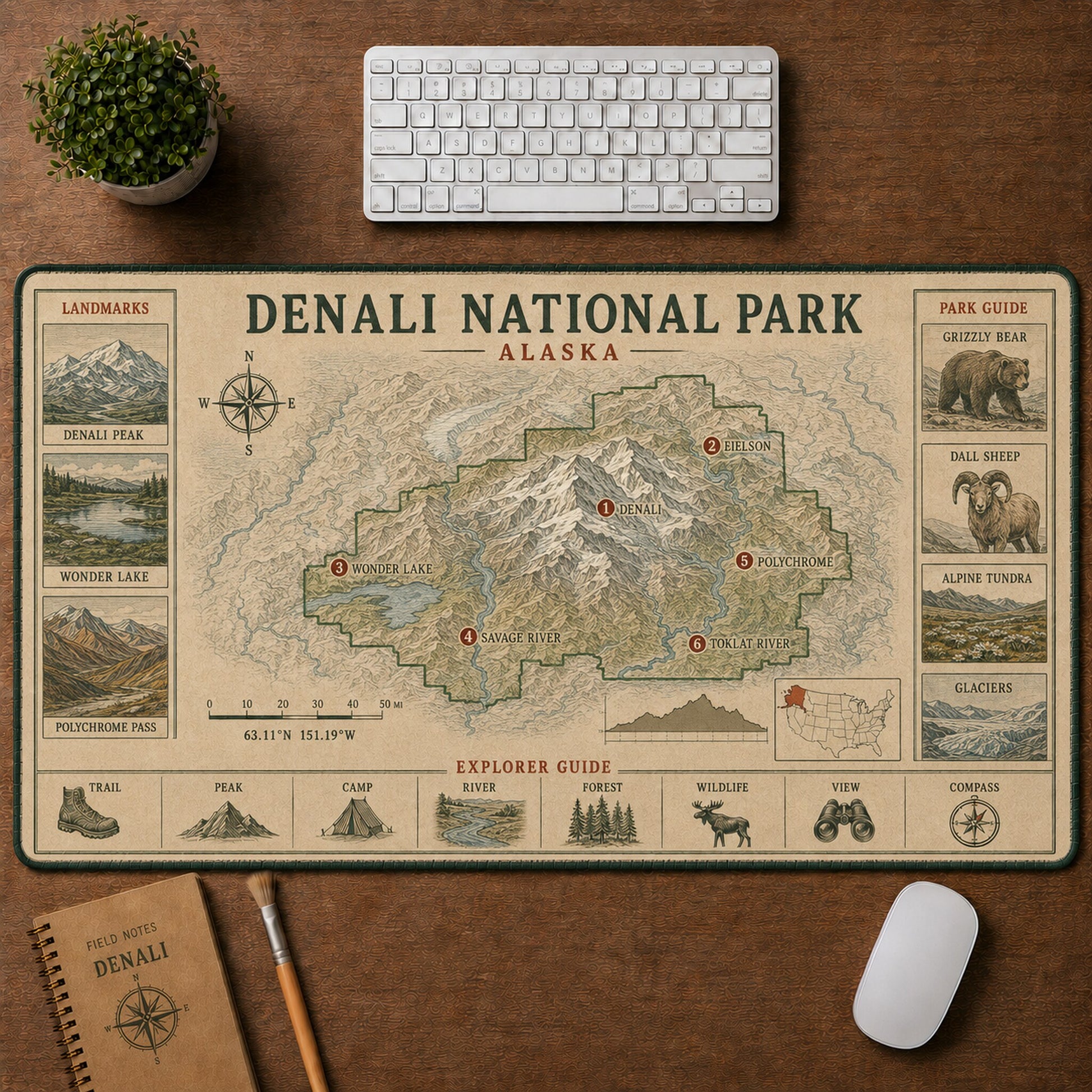 Denali National Park Vintage Topographic Park Map Explorer Guide Desk Mat | 5To9Vibe