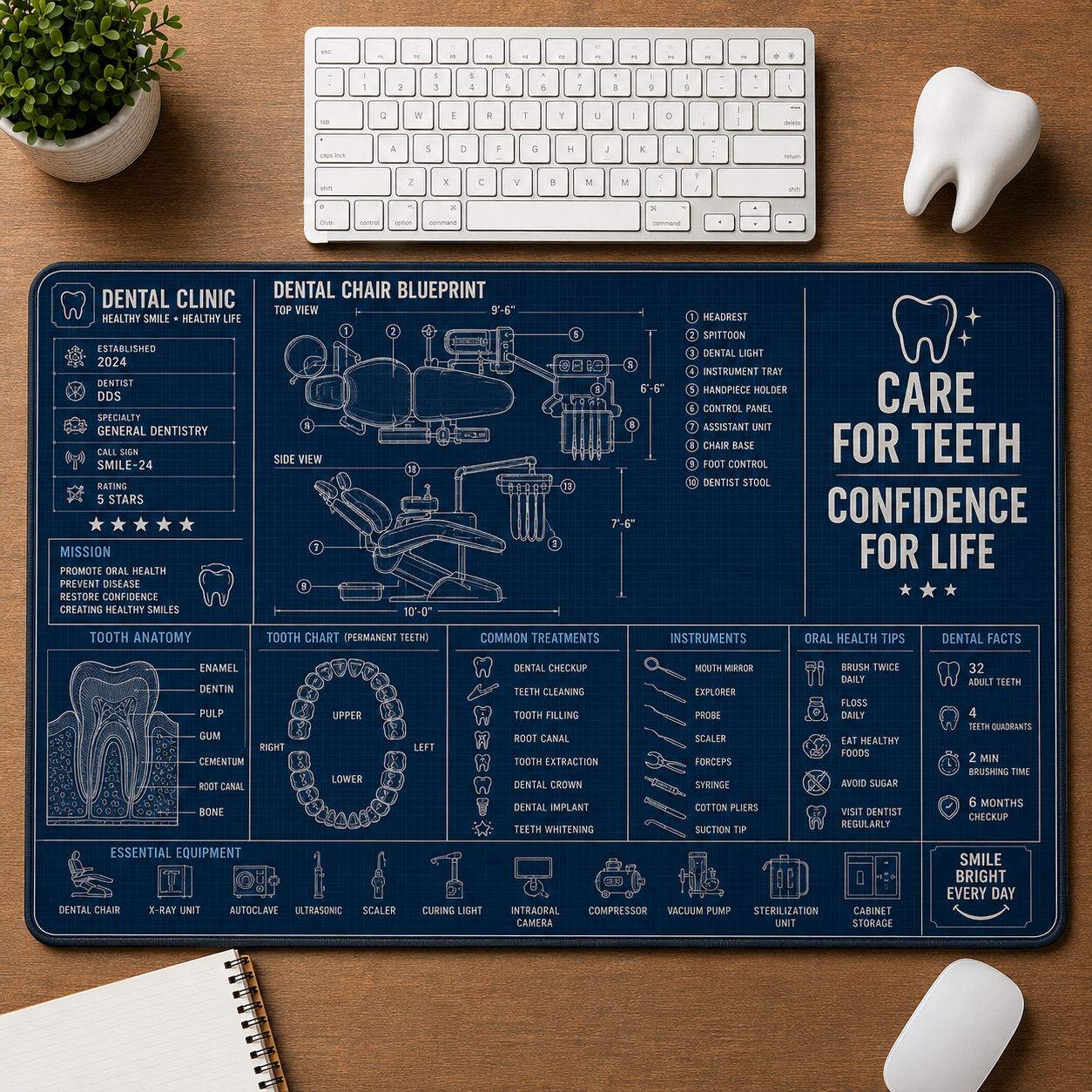 Dental Clinic Blueprint Large Desk Mat - Dentist Chair & Tooth Anatomy Plus Size Mouse Pad - 5to9vibe