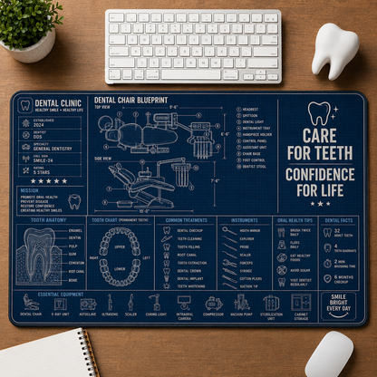 Dental Clinic Blueprint Large Desk Mat - Dentist Chair & Tooth Anatomy Plus Size Mouse Pad - 5to9vibe