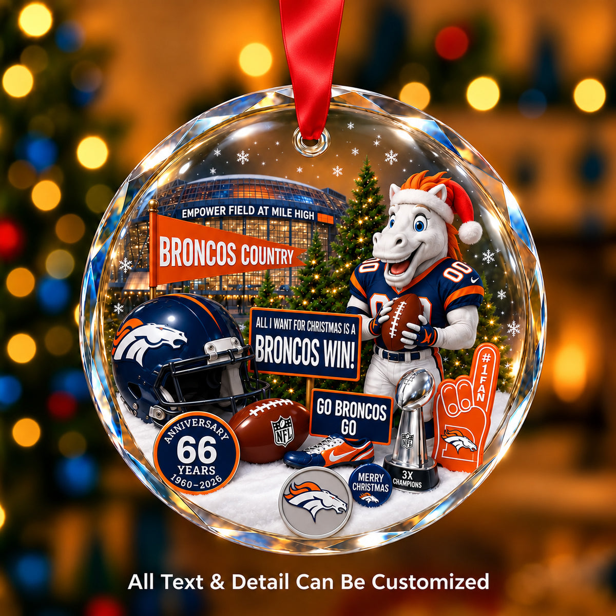 Denver Broncos Snow Globe Glass Ornament