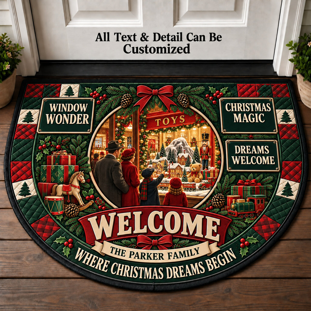 Department Store Christmas Window Personalized Half Round Mat | 5To9Vibe
