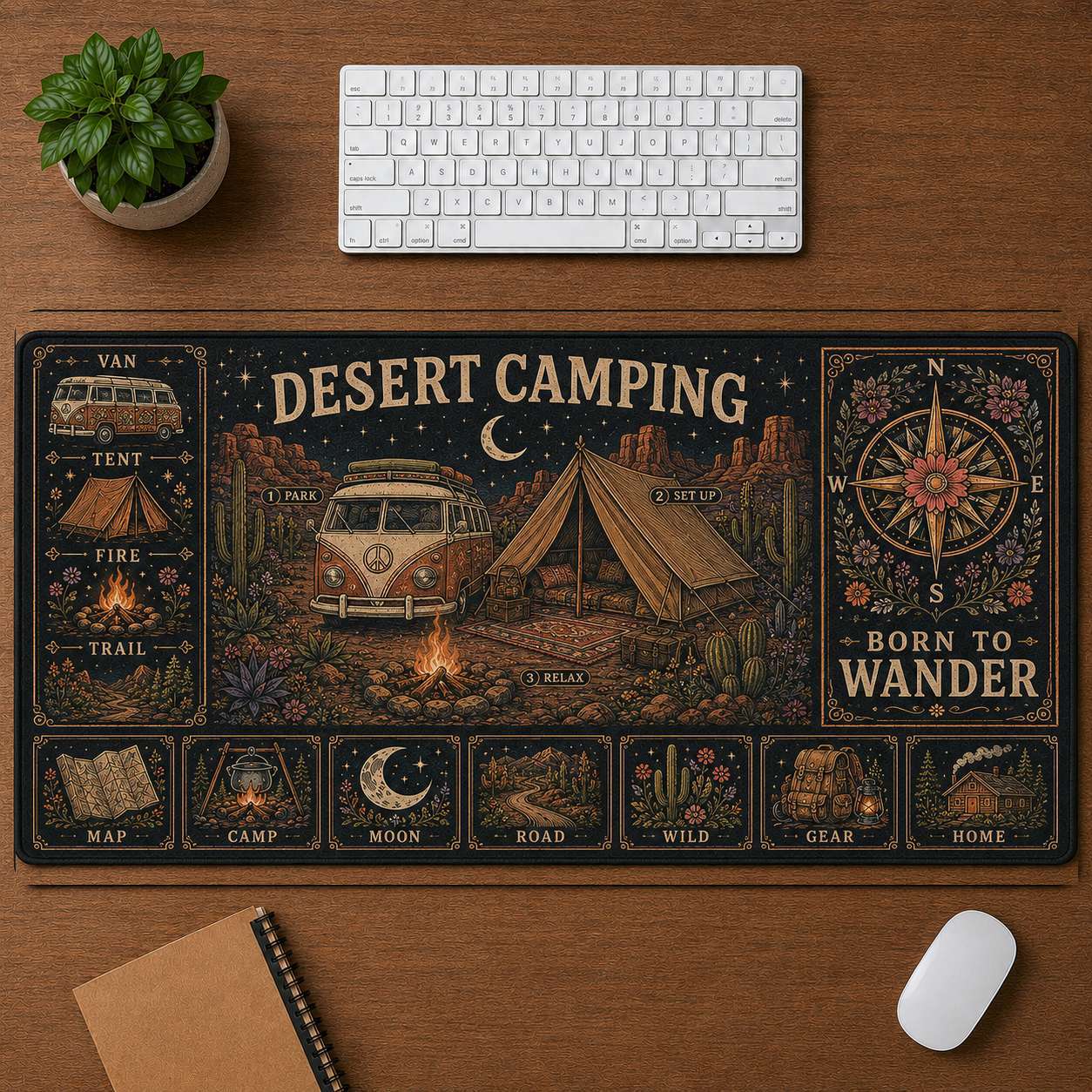 Mountain Camping Hippie Desk Mat Mouse Pad | 5To9Vibe - Desert Camping style