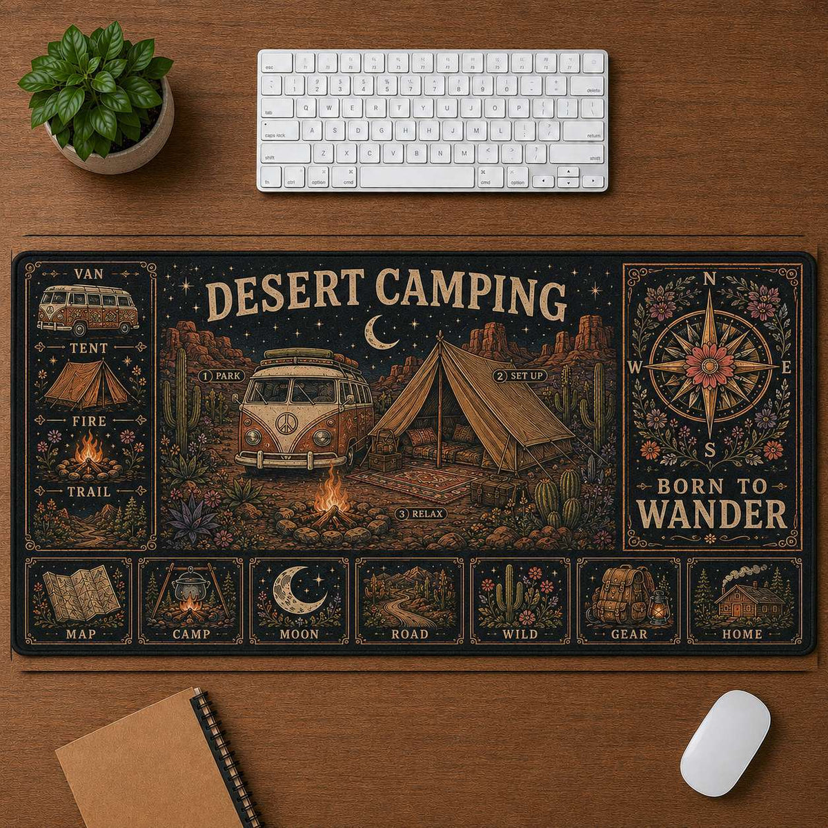 Van Life Hippie Desk Mat Mouse Pad | 5To9Vibe - Desert Camping style