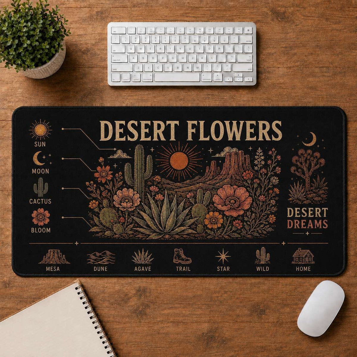 Western Boho Hippie Desk Mat Mouse Pad | 5To9Vibe - Desert Flowers style