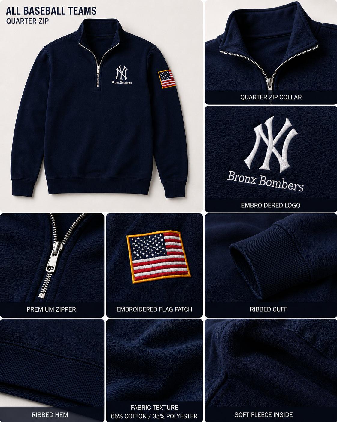All Baseball Teams Embroidered Logo and Us Flag Premium Quarter Zip Sweatshirt, Inspired Quarter Zip Sweater, Unisex Baseball Sweatshirt