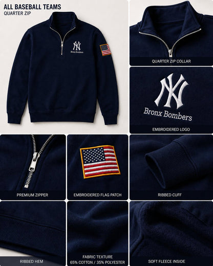 All Baseball Teams Embroidered Logo and Us Flag Premium Quarter Zip Sweatshirt, Inspired Quarter Zip Sweater, Unisex Baseball Sweatshirt