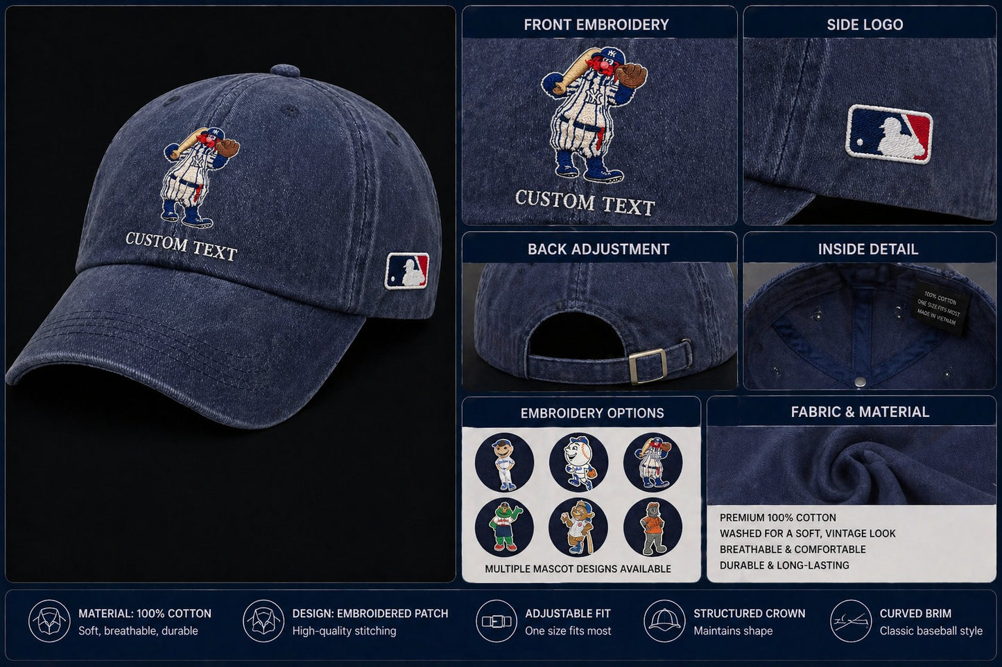 Mascots Baseball Cap All Teams Embroidered Logo Premium Wash Cap