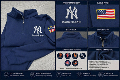 AB America 250 Anniversary Embroidered Logo Premium Quarter Zip Sweatshirt, Inspired Quarter Zip Sweater, Unisex Baseball Sweatshirt