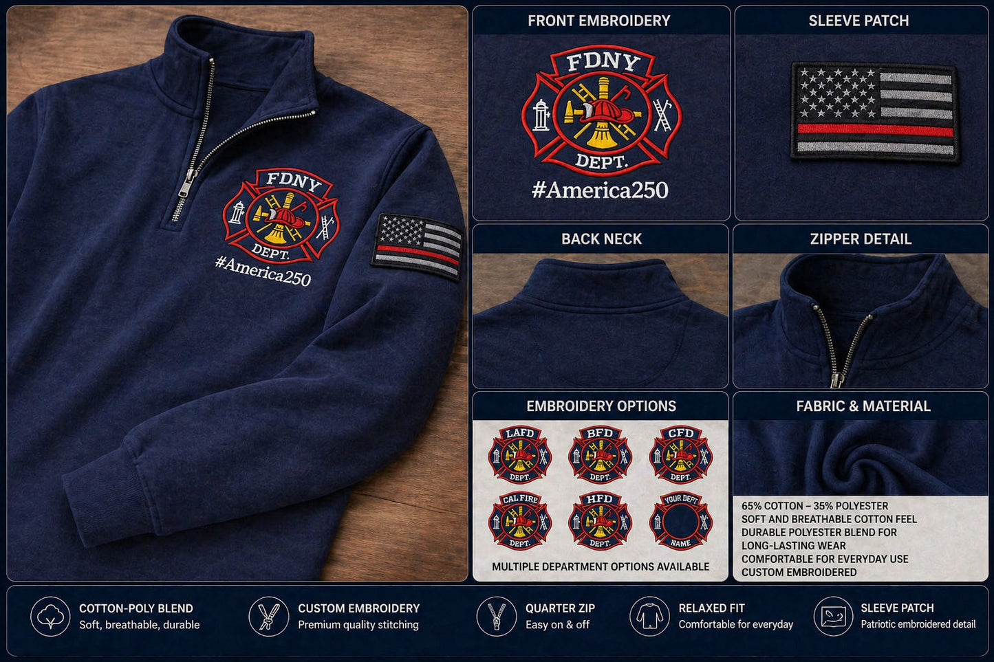 Firefighter America 250 Anniversary Embroidered Logo Premium Quarter Zip Sweatshirt, Inspired Quarter Zip Sweater
