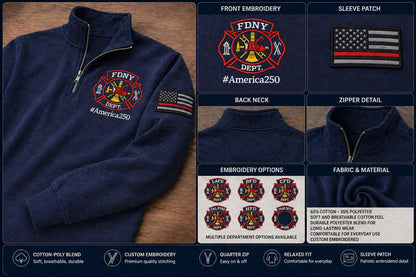Firefighter America 250 Anniversary Embroidered Logo Premium Quarter Zip Sweatshirt, Inspired Quarter Zip Sweater
