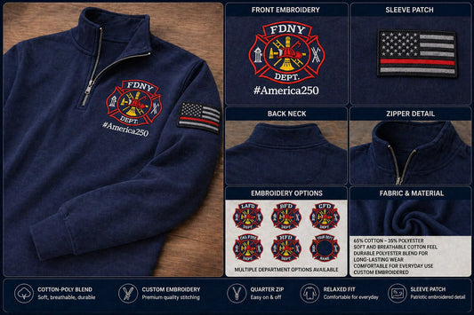 Firefighter America 250 Anniversary Embroidered Logo Premium Quarter Zip Sweatshirt, Inspired Quarter Zip Sweater