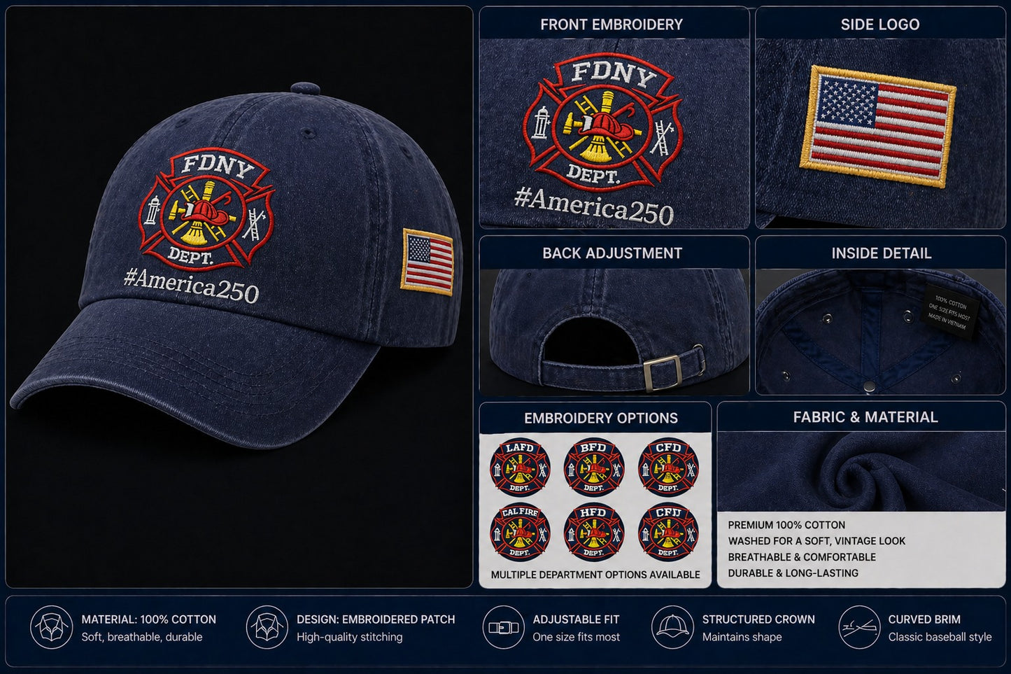 Firefighter Cap America 250 Anniversary Embroidered Logo Wash Embroidered Premium Wash Cap
