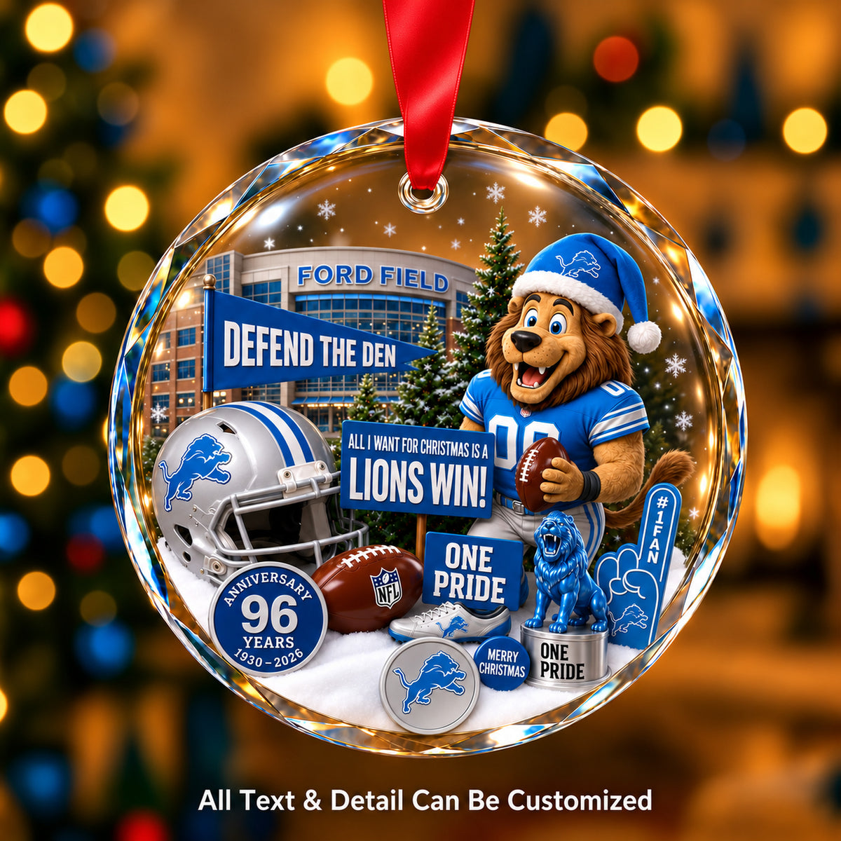 Detroit Lions Snow Globe Glass Ornament