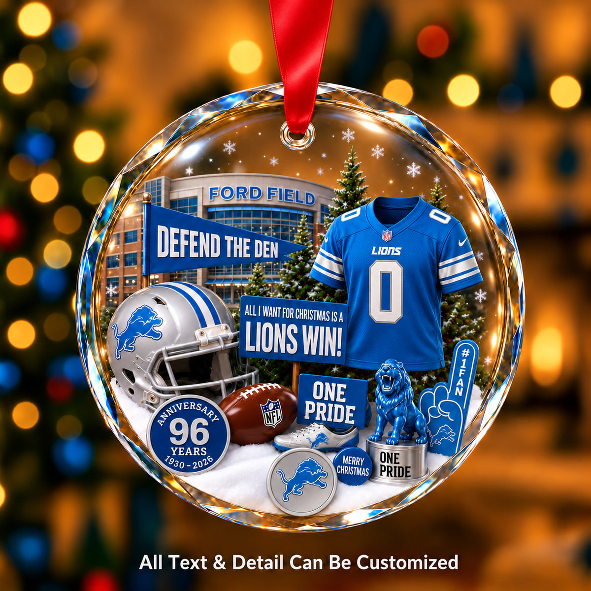 Detroit Lions Jersey Snow Globe Glass Ornament