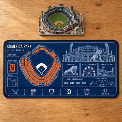 Detroit Tigers Comerica Park blueprint desk mat, 16" x 32", on a wooden desk with a decorative stadium model