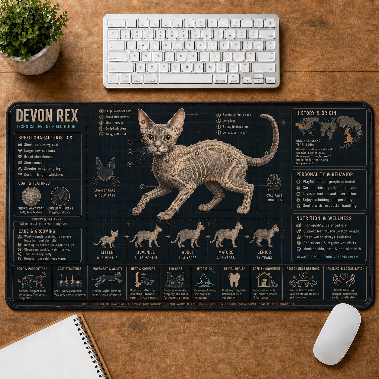 Devon Rex Cat Breed Desk Mat Anatomy Guide | 5To9Vibe