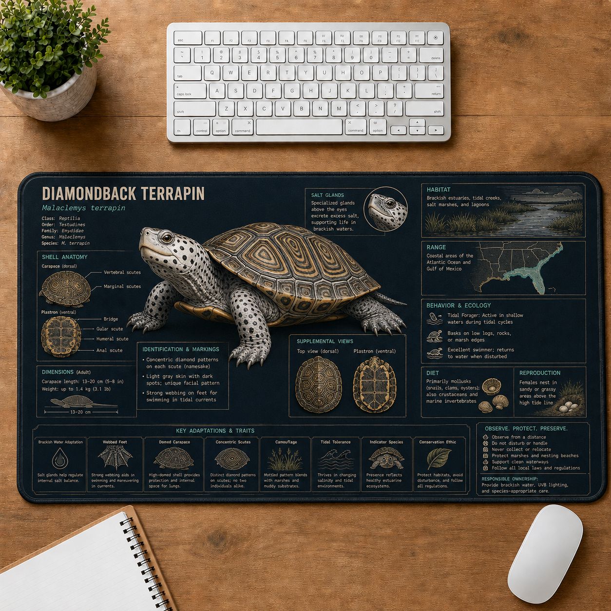 Diamondback Terrapin Turtle and Tortoise Species Guide Desk Mat | 5To9Vibe