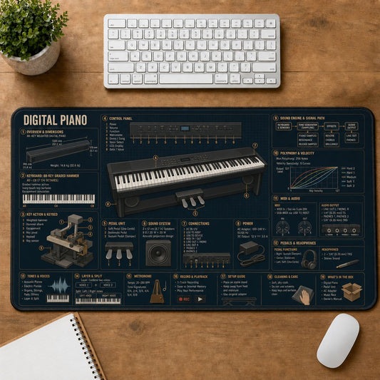 Digital Piano Musical Instrument Blueprint Guide Desk Mat | 5To9Vibe