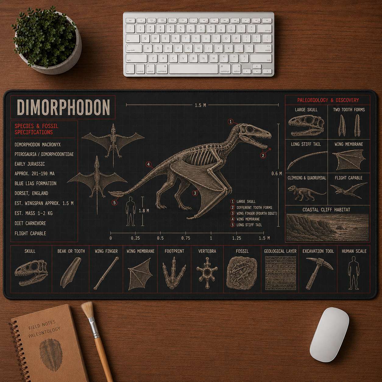 Dimorphodon Pterosaur Blueprint Desk Mat | 5To9Vibe