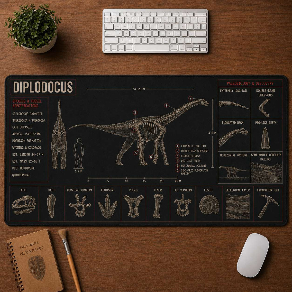 Diplodocus Dinosaur Blueprint Desk Mat | 5To9Vibe