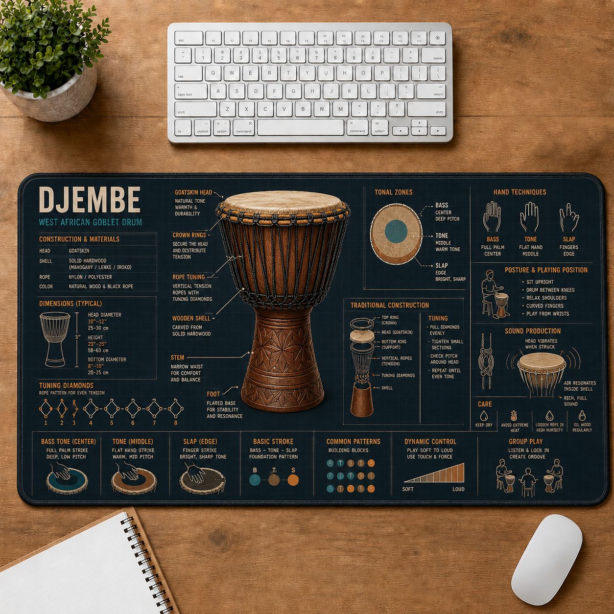 Djembe Musical Instrument Blueprint Guide Desk Mat | 5To9Vibe