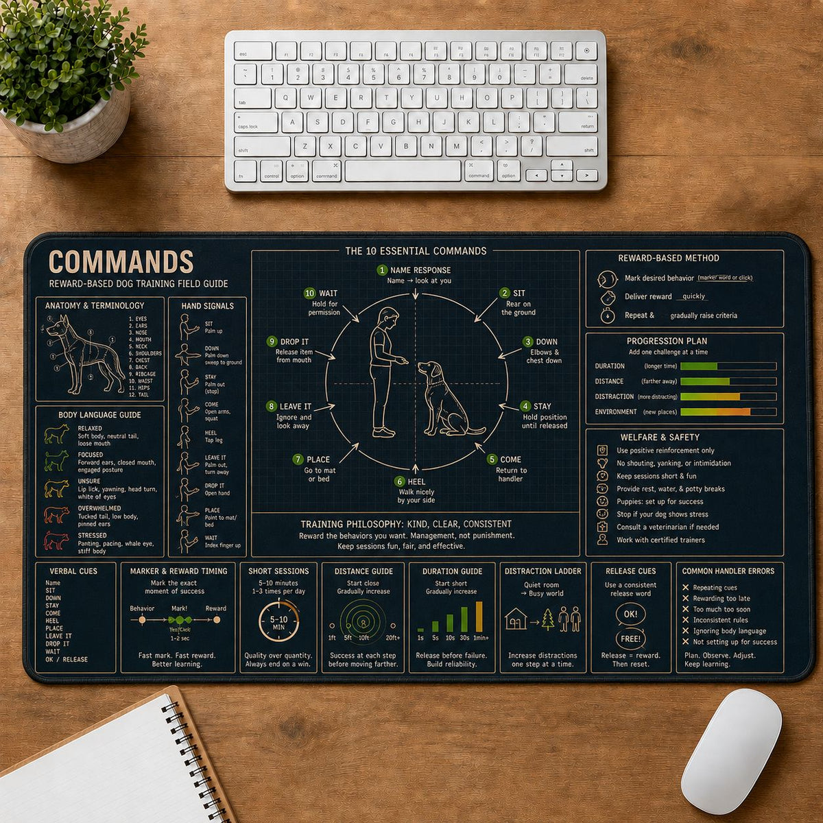 Dog Training Commands Pet Training and Riding Guide Desk Mat | 5To9Vibe