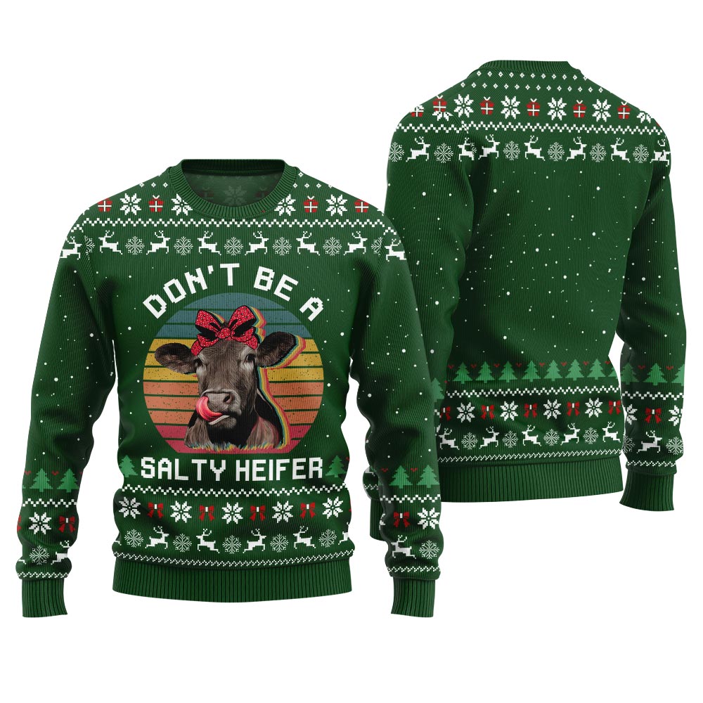 Dont Be a Salty Heifer Cow Christmas Sweater Forest Green