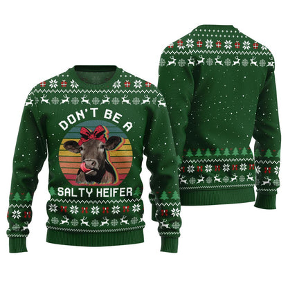 Dont Be a Salty Heifer Cow Christmas Sweater Forest Green