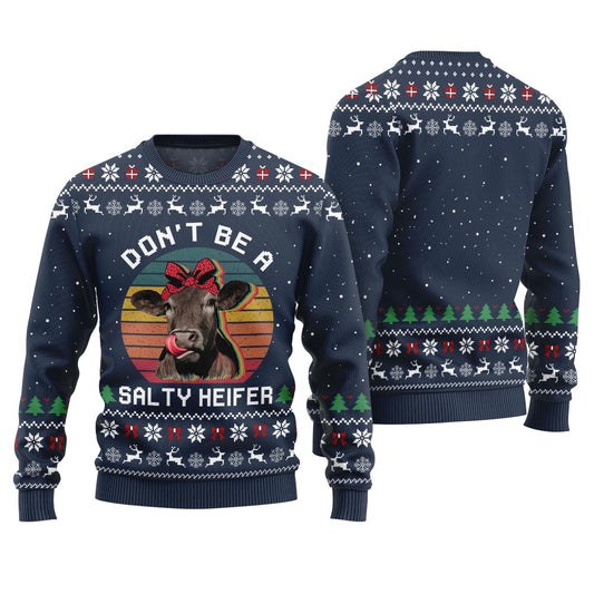 Dont Be a Salty Heifer Cow Ugly Christmas Sweater Navy