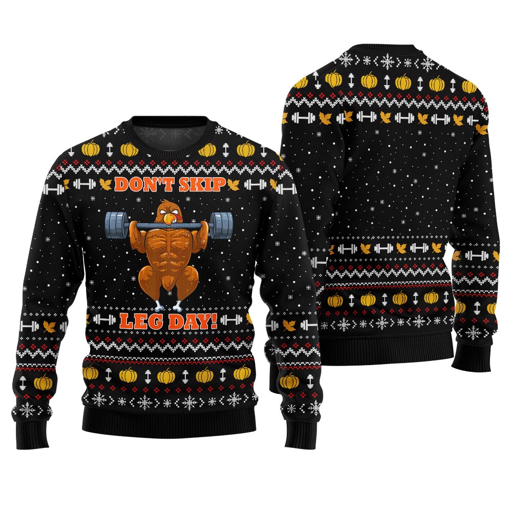 Unique Don't Skip Leg Day Thanksgiving Ugly Sweater Black
