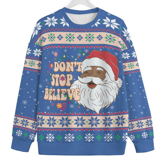 Dont Stop Believin African American Santa Mens Plus Size Christmas Sweater