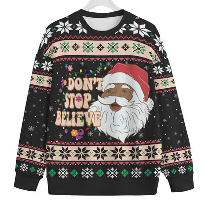 Dont Stop Believin African American Santa Womens Plus Size Ugly Sweater