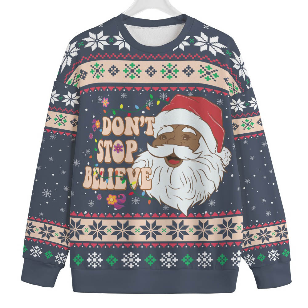 Dont Stop Believin African American Santa Womens Plus Size Ugly Sweater